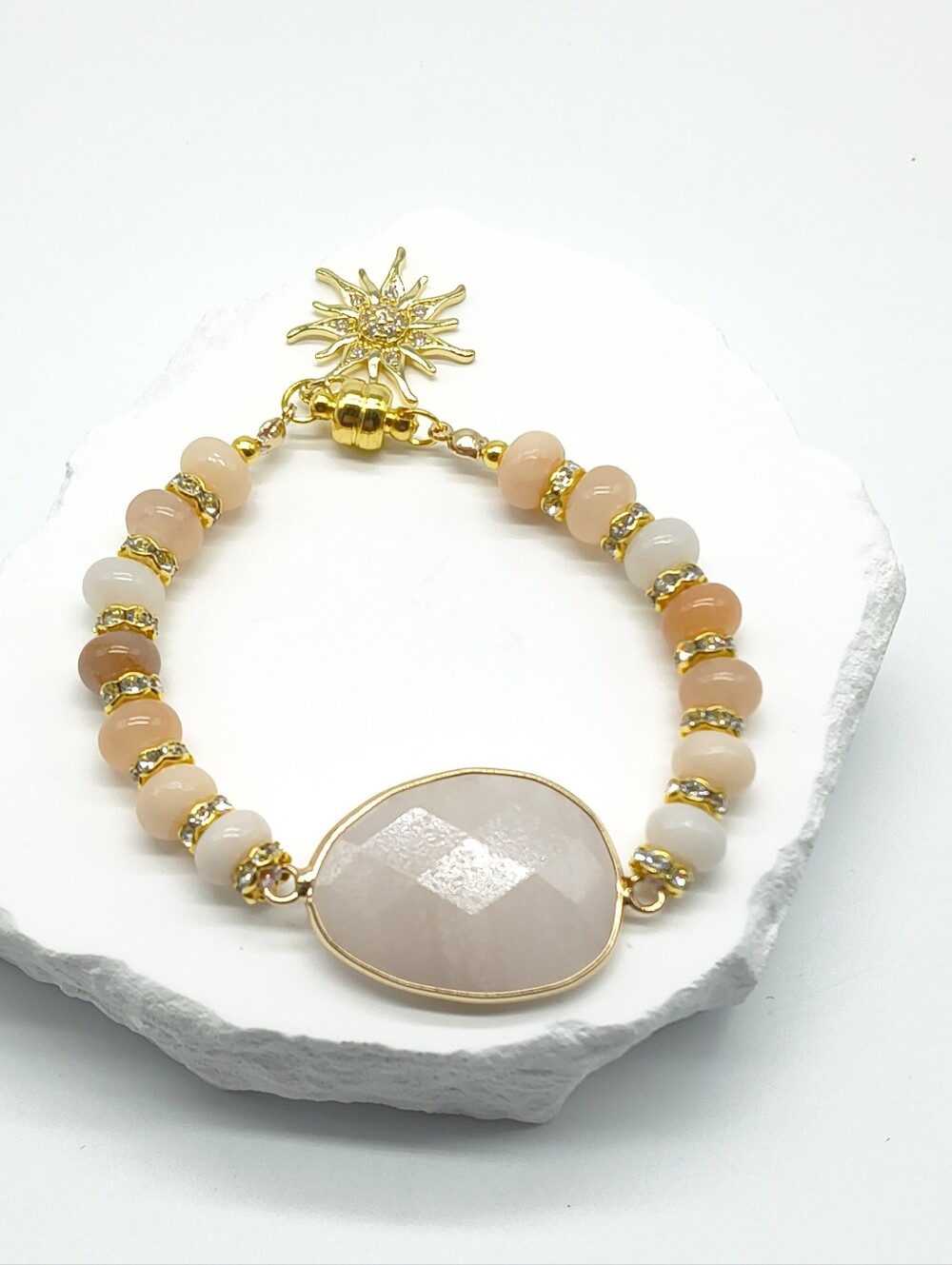 Gold Tone Pink Aventurine Gemstone Magnetic Bracelet